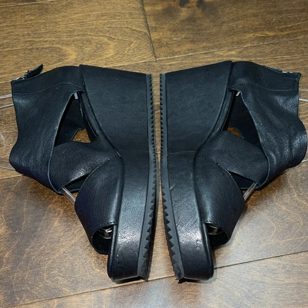 Eileen Fisher Black Leather Crisscross Wedge Sandals